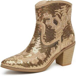 Women's Gold Western Low Cowgirl Boots With Zipper Short Pointed Toe Booties